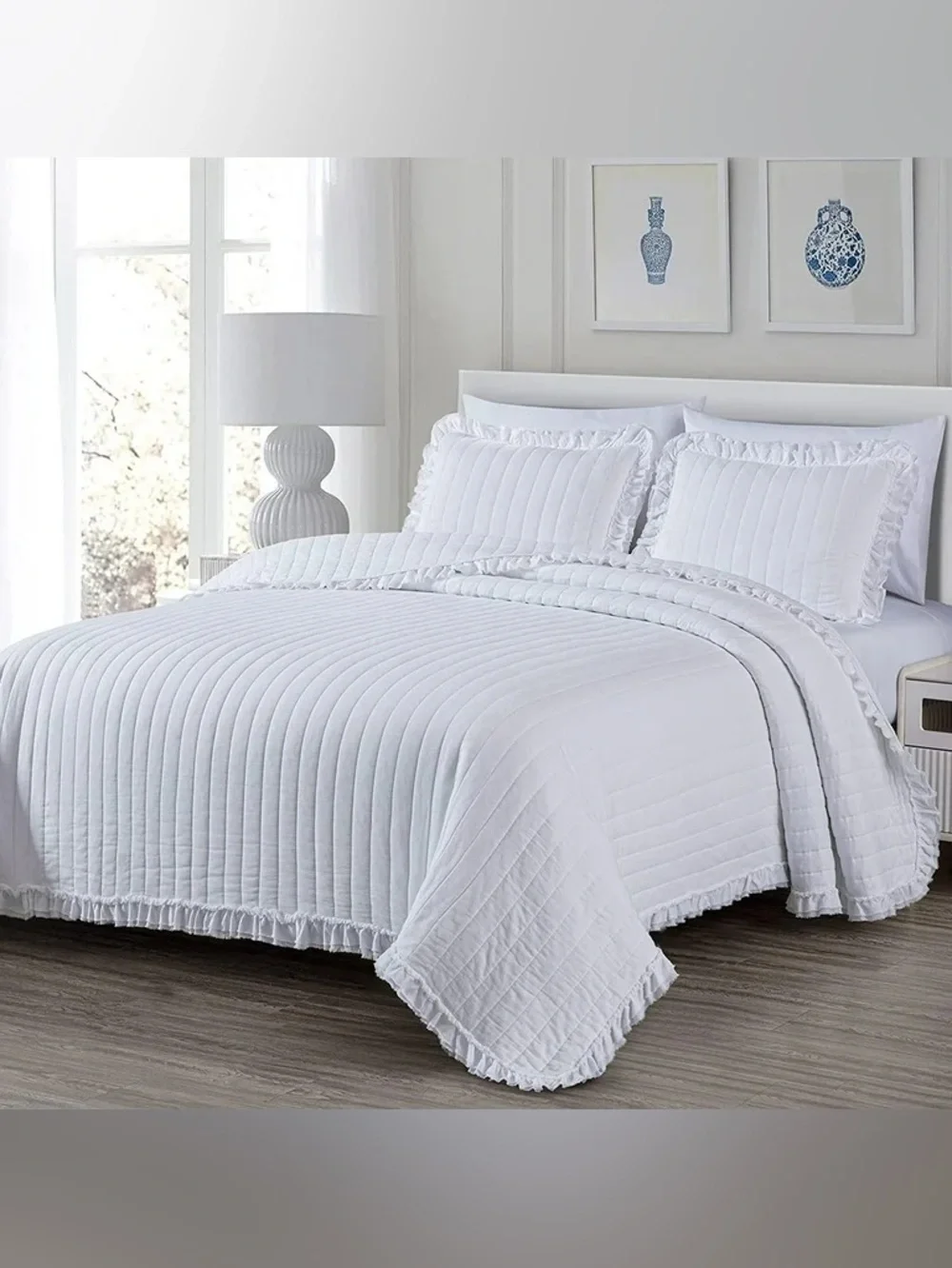 White king 3 piece Quilted Ruffle Bedspread Set 100% cotton